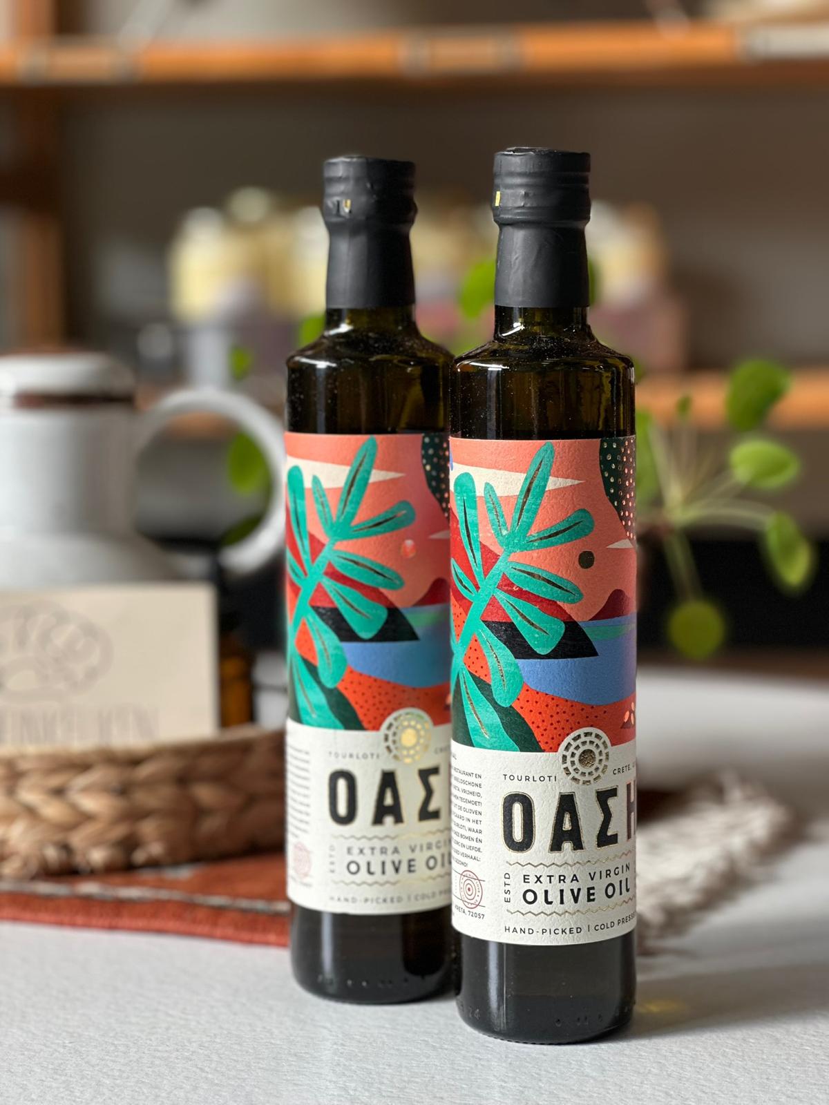 Fles biologische extra vergine olijfolie van De Breinkeuken uit Kreta